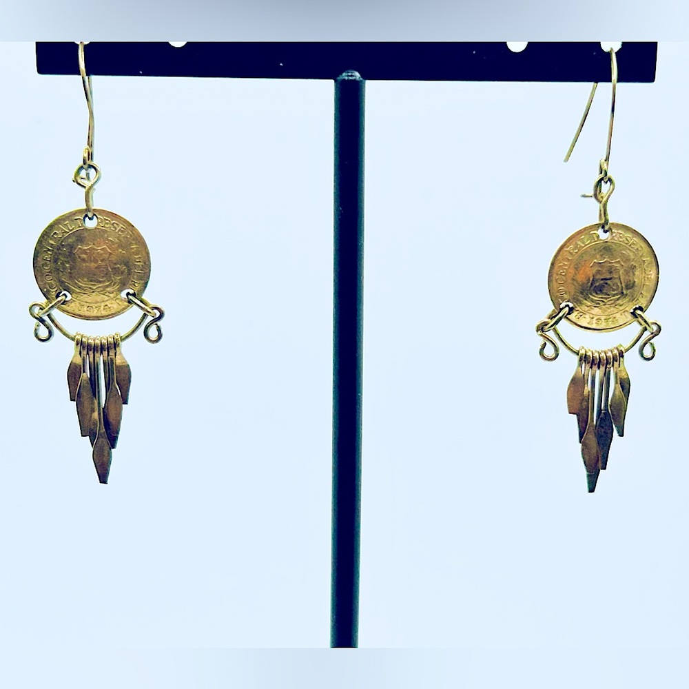 Vintage Boho Festival Brass Tribal Dangle Peruvian Coin Gypsy Fairycore Earrings - Picture 2 of 5